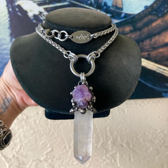 Natural raw purple amethyst &  crystal quartz gemstone boho charm necklace - Picture 8 of 16